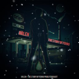FerroART - TWOJE CENTRUM KREATYWNOŚCI - Mroczny, stylizowany plakat z sylwetką gitarzysty na tle stacji Orlen nocą, z efektem śniegu i tytułem 'The Story of Ferro'.