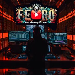 FerroART - TWOJE CENTRUM KREATYWNOŚCI - Mroczny programista w kapturze przed trzema monitorami z kodem i logo 'FEORO Aka Nieznany Nikomu' w cybernetycznym pomieszczeniu z czerwonym oświetleniem.