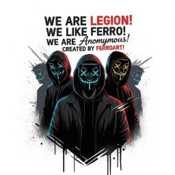 FerroART - TWOJE CENTRUM KREATYWNOŚCI - Grafika: Trzy postacie w kapturach i maskach Anonymous z efektem rozprysku farby. Napis: 'WE ARE LEGION! WE LIKE FERRO! WE ARE Anomymous! CREATED BY FERROART!'