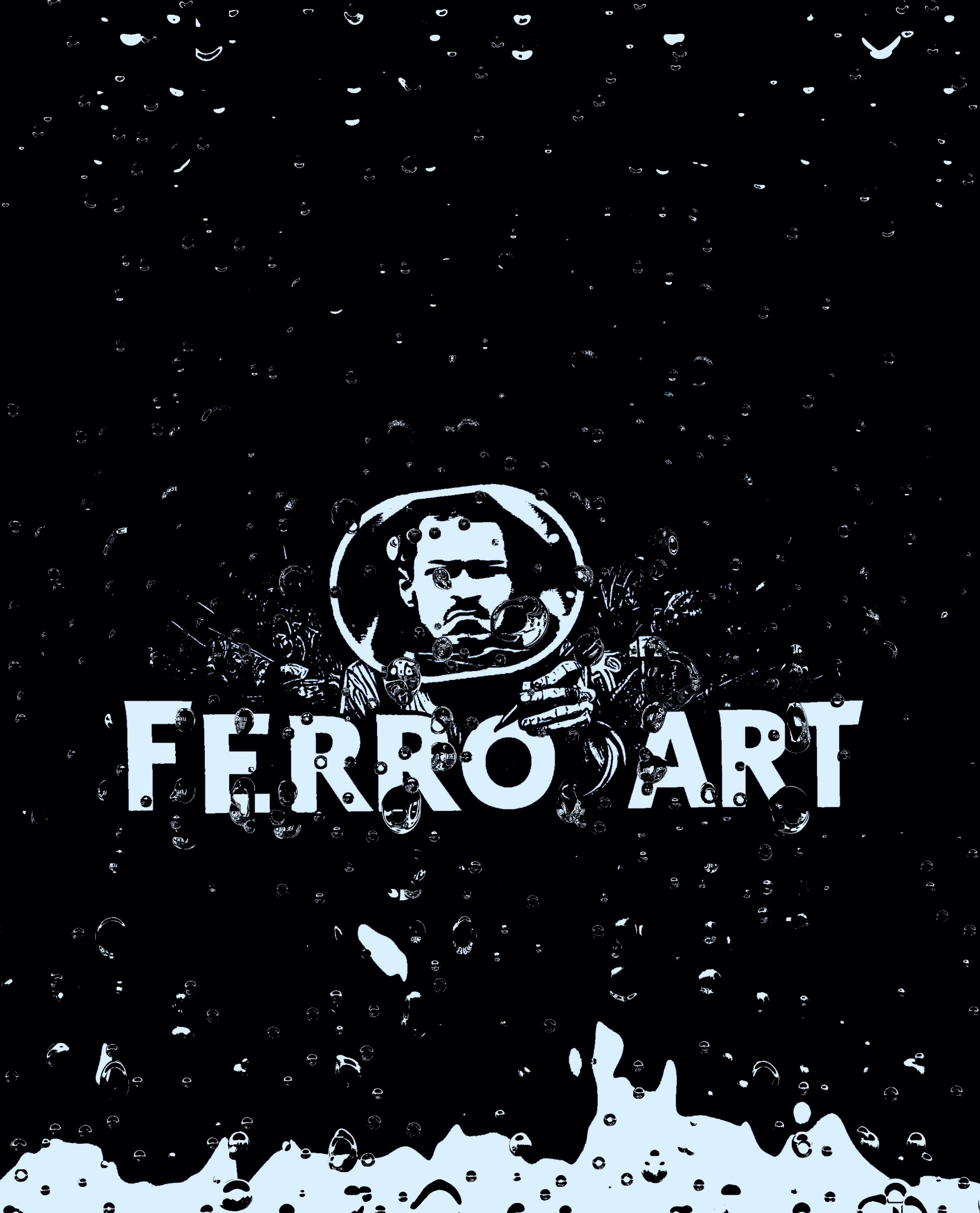 Grafika 'Ferro Art' na czarnym tle z efektem kropli deszczu, prezentująca styl wizualny firmy. Elementy logo: postać w skafandrze i narzędzia. Charakterystyczny font nazwy.
