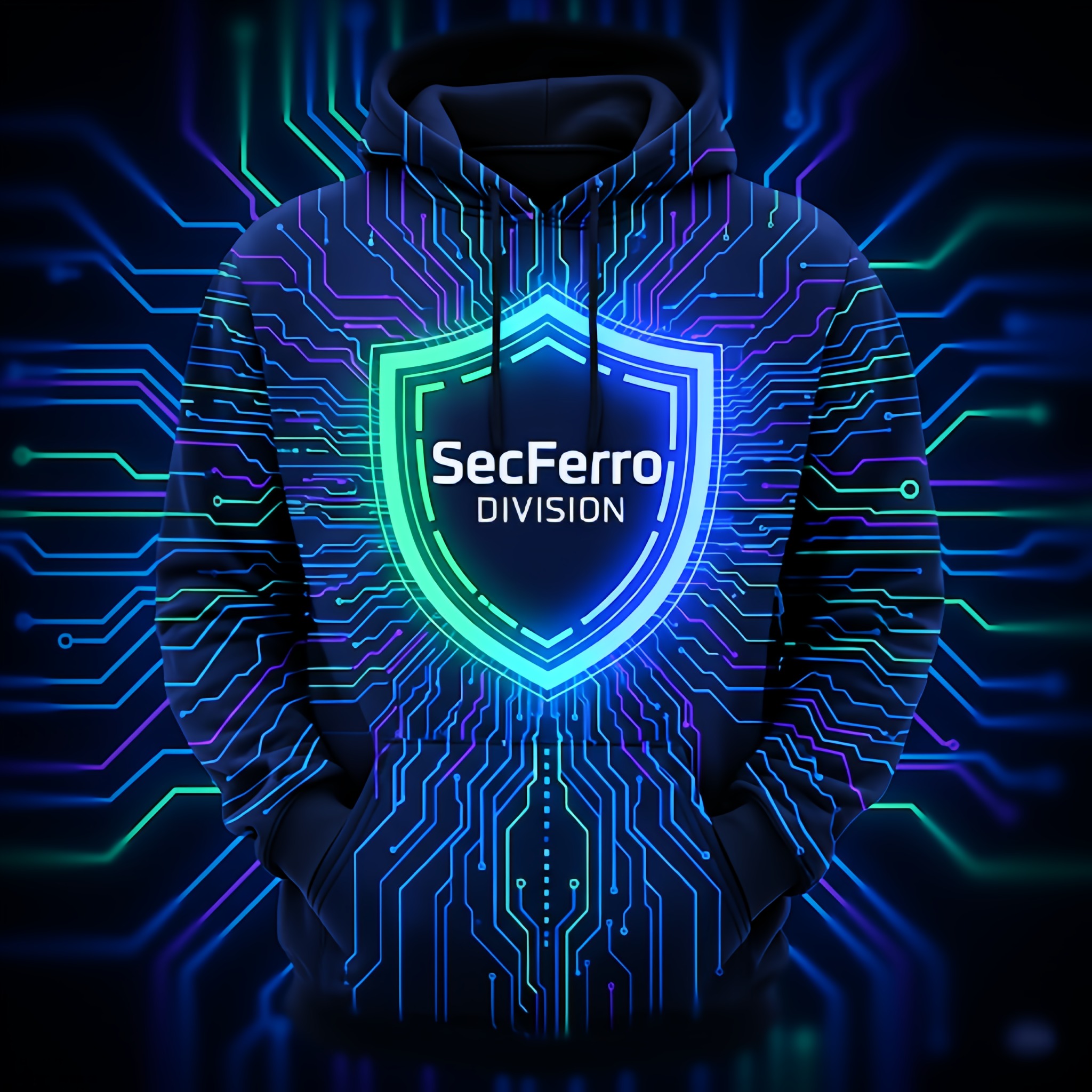 Czarna bluza z kapturem, na której widnieje świecąca tarcza z napisem SecFerro DIVISION, otoczona neonowymi liniami przypominającymi obwody elektroniczne.