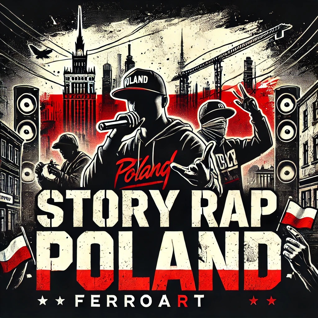 Grafika w stylu retro przedstawia raperów na tle Warszawy, z motywami flagi Polski i napisem 'STORY RAP POLAND', oddająca klimat polskiej sceny hip-hopowej.