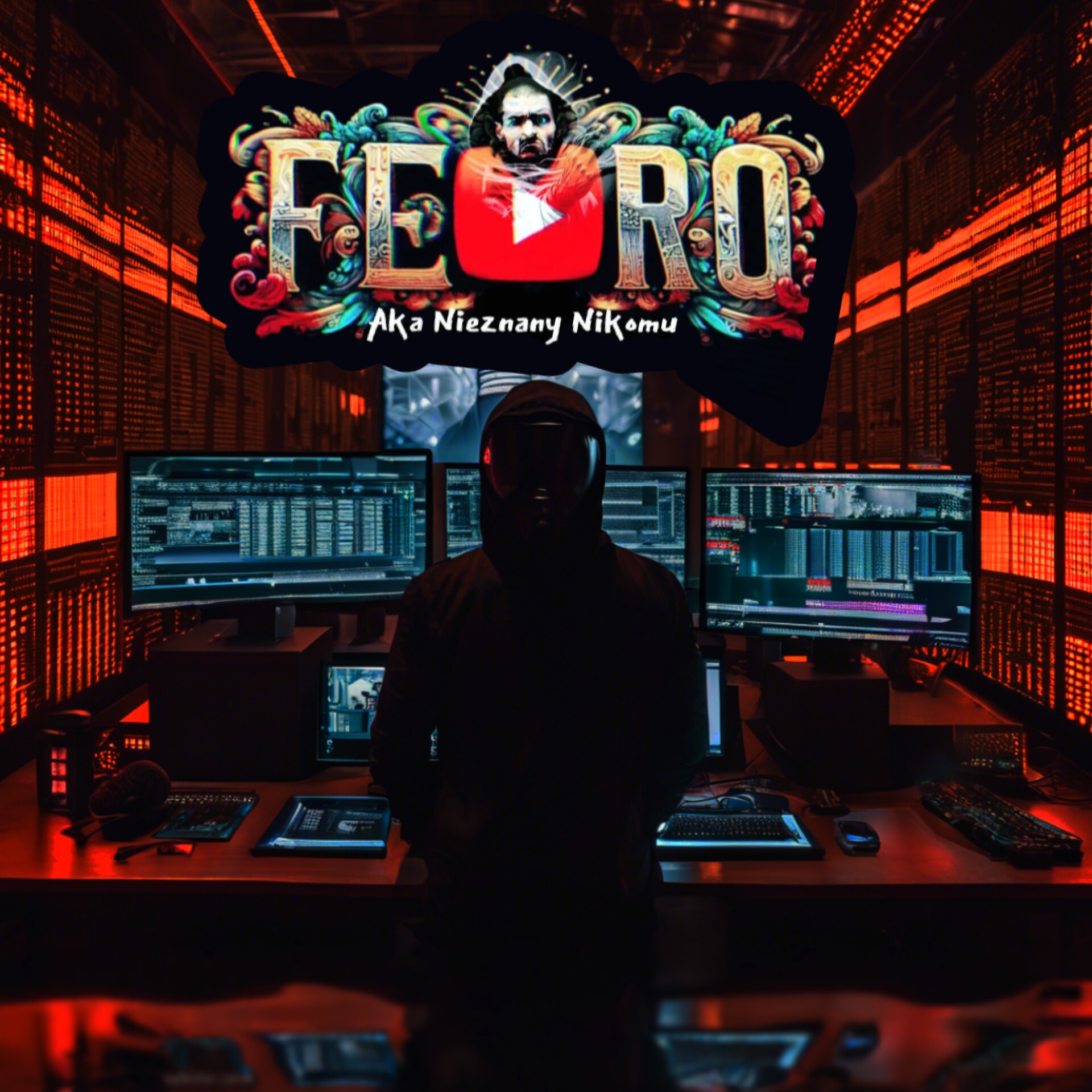 Mroczny programista w kapturze przed trzema monitorami z kodem i logo 'FEORO Aka Nieznany Nikomu' w cybernetycznym pomieszczeniu z czerwonym oświetleniem.