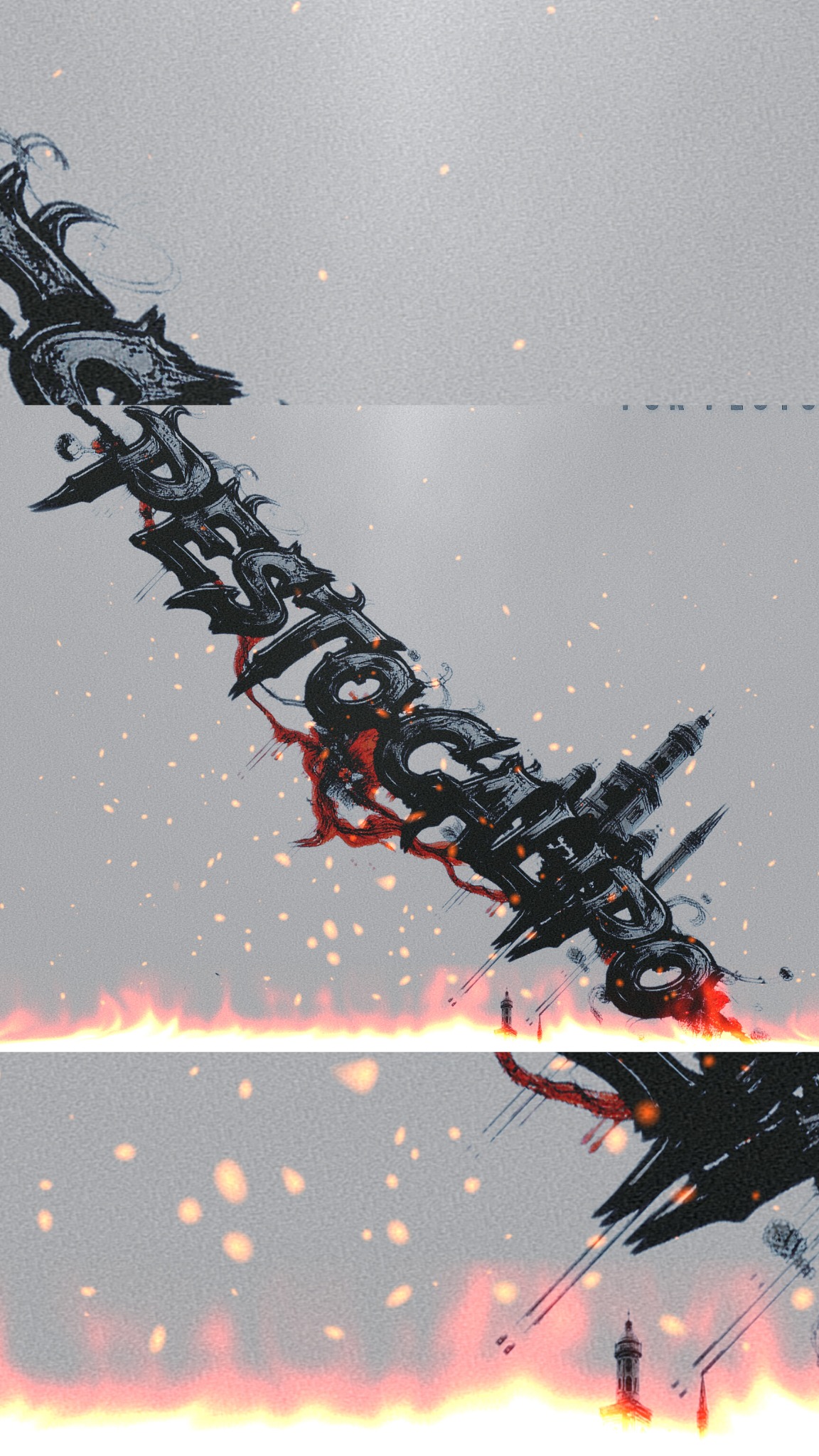 Abstrakcyjna grafika z czarnym napisem i czerwonymi akcentami na szarym tle z efektem ognia, przypominająca logo lub element identyfikacji wizualnej.