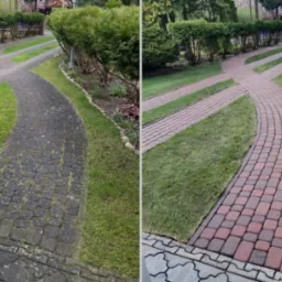 Porównanie stanu kostki brukowej przed i po czyszczeniu: po lewej zaniedbana, szara nawierzchnia, po prawej odświeżona, czerwono-brązowa kostka, otoczona zielonym trawnikiem i ozdobnymi krzewami.