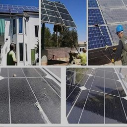 SolCare Nicola Danelczak - Montaż i czyszczenie paneli słonecznych na dachu domu jednorodzinnego, widoczne panele przed i po umyciu, pracownik w kasku używa szczotki na długim wysięgniku.