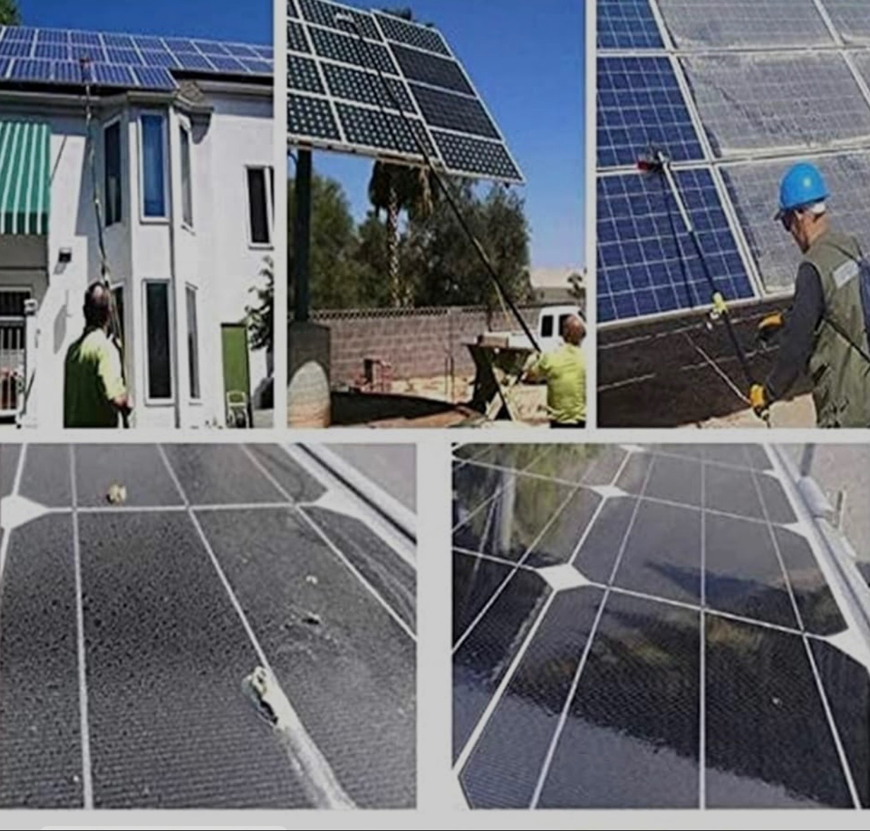 Montaż i czyszczenie paneli słonecznych na dachu domu jednorodzinnego, widoczne panele przed i po umyciu, pracownik w kasku używa szczotki na długim wysięgniku.