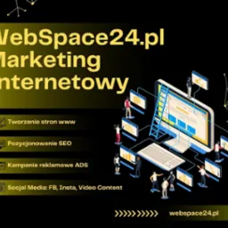 Grafika reklamowa WebSpace24.pl przedstawiająca monitor z drabiną i miniaturowymi postaciami symbolizującymi proces tworzenia strony internetowej, pozycjonowania SEO, kampanii reklamowych ADS...