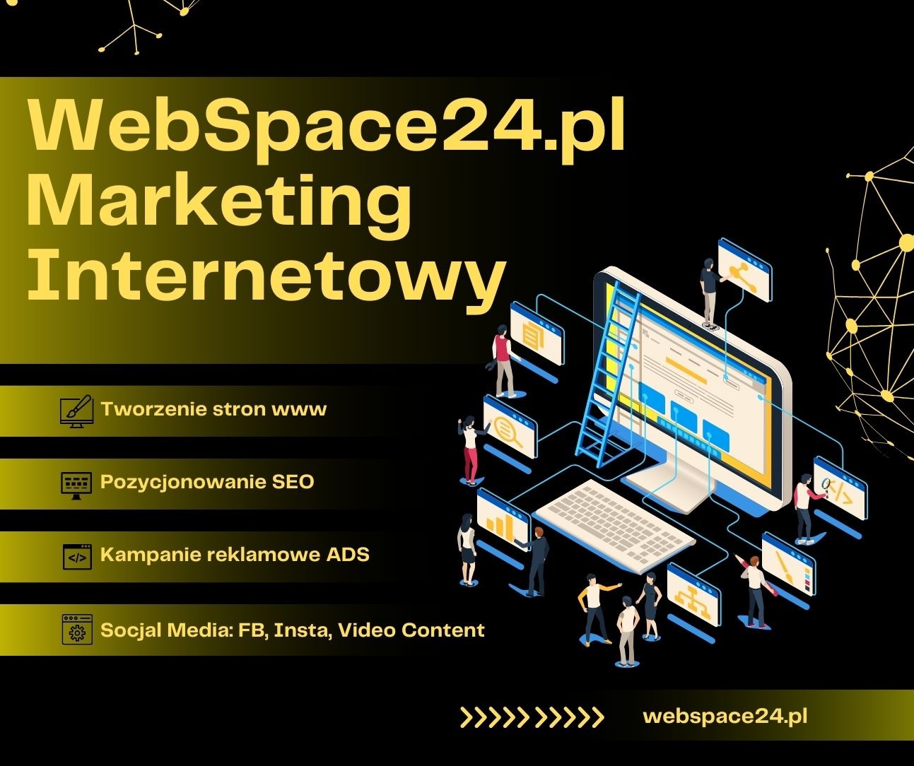 Grafika reklamowa WebSpace24.pl przedstawiająca monitor z drabiną i miniaturowymi postaciami symbolizującymi proces tworzenia strony internetowej, pozycjonowania SEO, kampanii reklamowych ADS...
