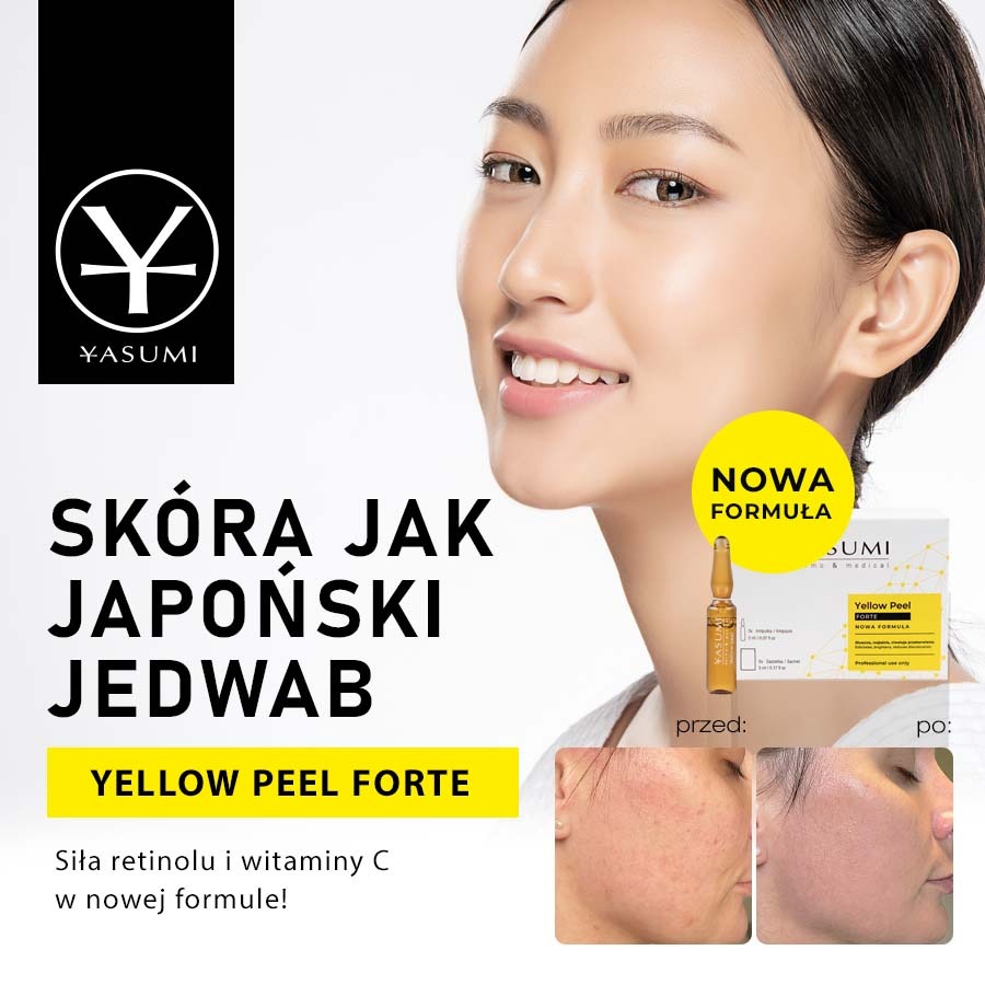 Zdjęcie prezentuje efekt zabiegu Yellow Peel Forte na twarzy kobiety, z porównaniem stanu skóry przed i po, oraz ampułkę i opakowanie produktu marki Yasumi.