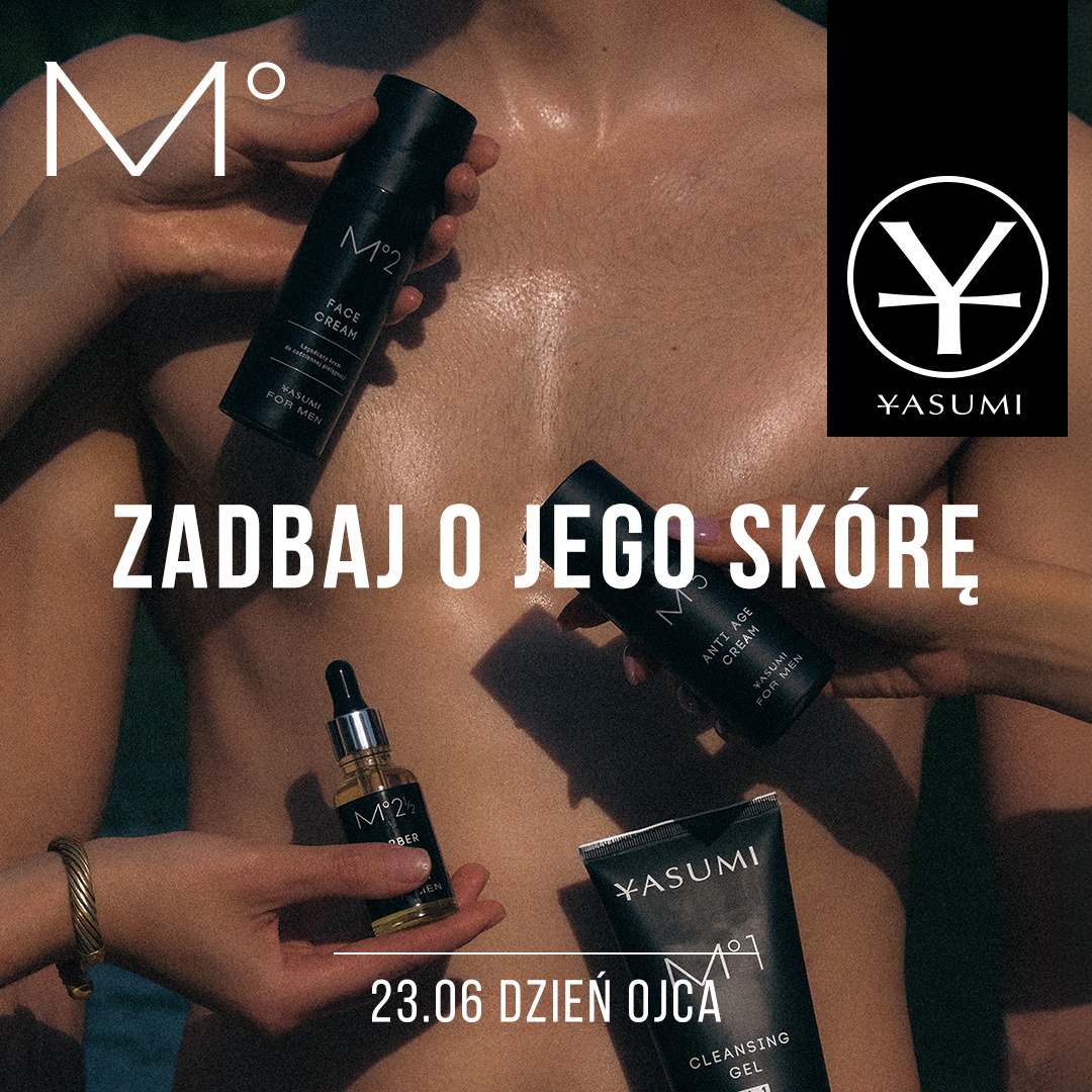 Promocja kosmetyków marki Yasumi dla mężczyzn z okazji Dnia Ojca, prezentująca kremy do twarzy, serum i żel oczyszczający na tle męskiej klatki piersiowej.