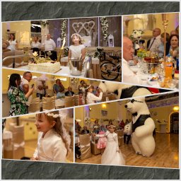 KUCIAFOTO - Kolaż zdjęć z uroczystości Pierwszej Komunii Świętej: dziewczynka w białej sukience, tort z napisem, goście, animator przebrany za białego misia.