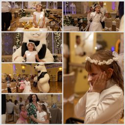 KUCIAFOTO - Dziewczynka w białej sukience i wianku na głowie, w trakcie uroczystości, pozuje z tortem ze świeczką, siedzi na kolanach pluszowego misia, tańczy z innymi dziećmi, profil dziewczynki z rękami...