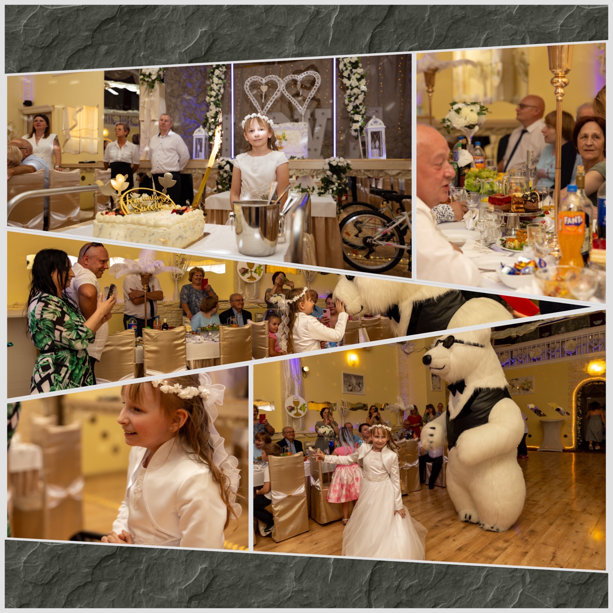Kolaż zdjęć z uroczystości Pierwszej Komunii Świętej: dziewczynka w białej sukience, tort z napisem, goście, animator przebrany za białego misia.
