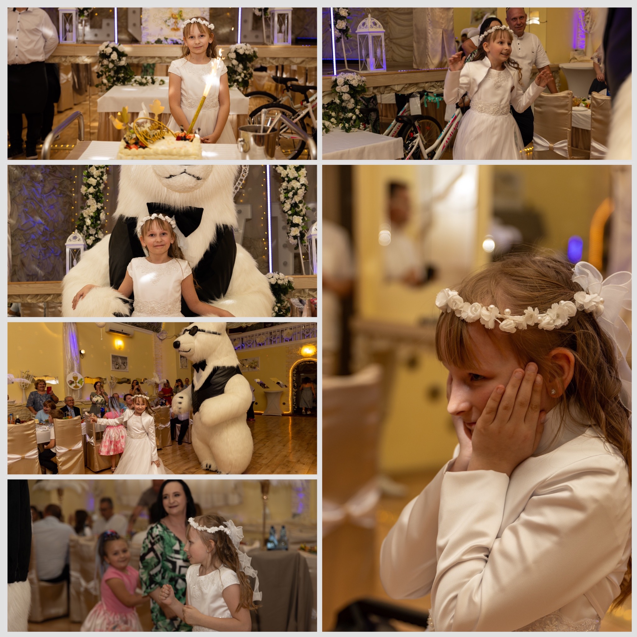 Dziewczynka w białej sukience i wianku na głowie, w trakcie uroczystości, pozuje z tortem ze świeczką, siedzi na kolanach pluszowego misia, tańczy z innymi dziećmi, profil dziewczynki z rękami...