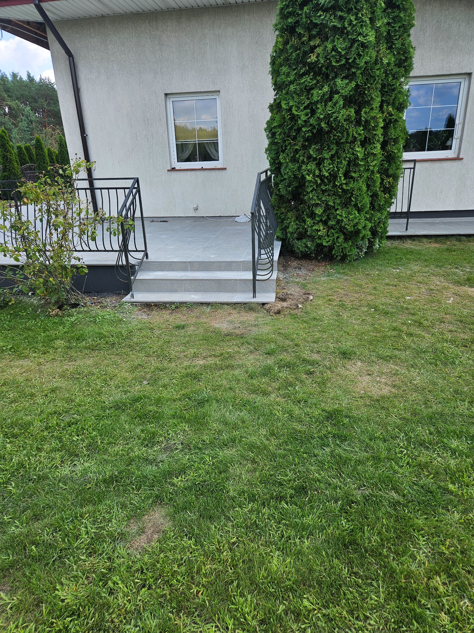 Wykończone schody wejściowe do domu z szarych płytek, z czarną metalową barierką, widoczne z poziomu trawnika, z tujami i oknami w tle.