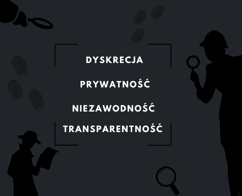 Grafika w odcieniach szarości przedstawiająca sylwetki postaci detektywów z lupami, odciski palców oraz słowa: dyskrecja, prywatność, niezawodność i transparentność, umieszczone pomiędzy...