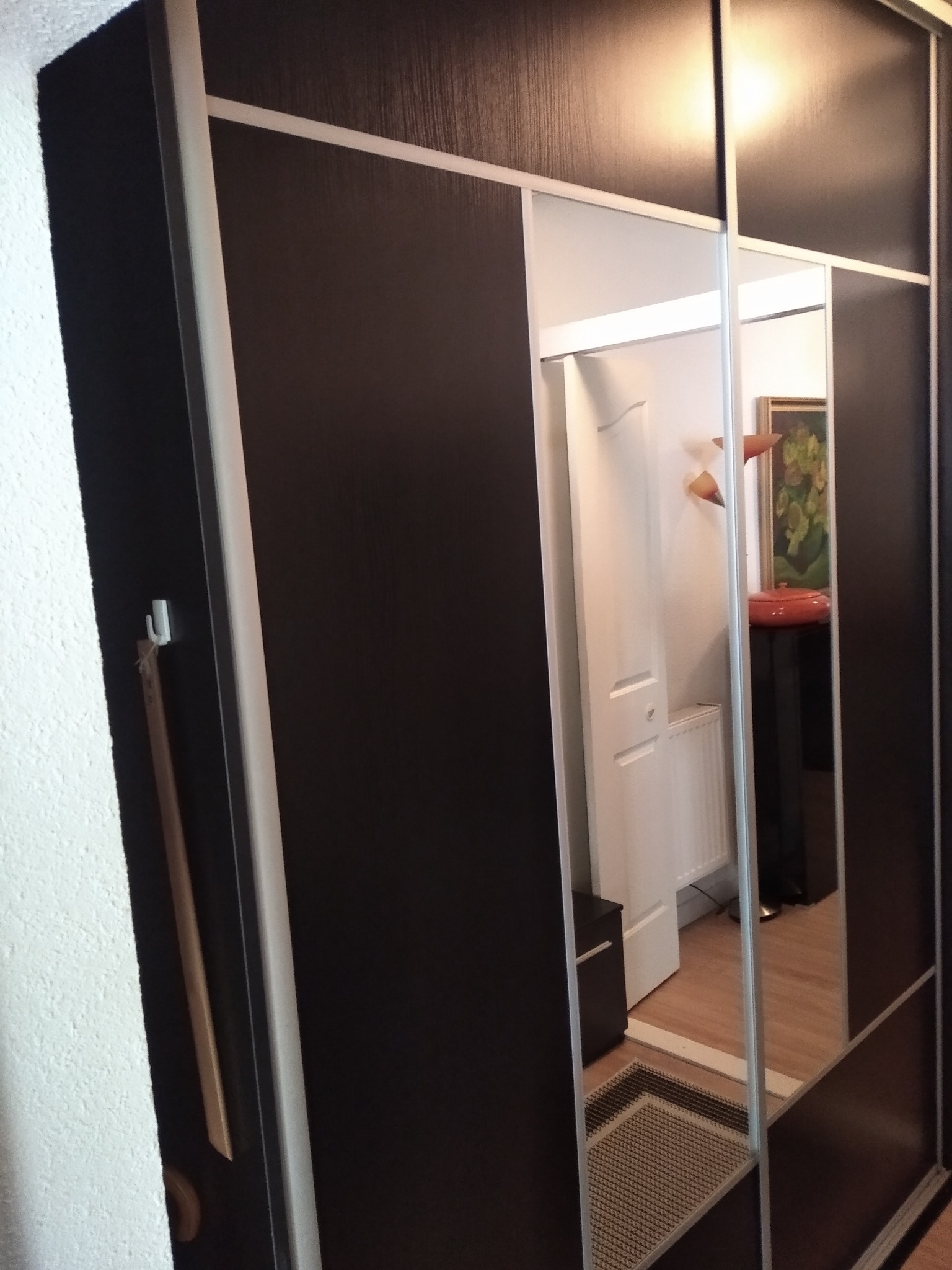 Ciemna szafa przesuwna z lustrami, odbijająca wnętrze przedpokoju: białe drzwi, grzejnik i obraz na ścianie. Widoczny haczyk na ścianie obok szafy.