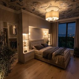 MICHAŁ WIĘCKOWSKI - PROJEKTOWANIE WNĘTRZ - Nowoczesna sypialnia z łóżkiem, szafą w zabudowie i wzorzystym sufitem. Widok na nocny krajobraz za oknem. Oświetlenie punktowe i dekoracyjna roślina.