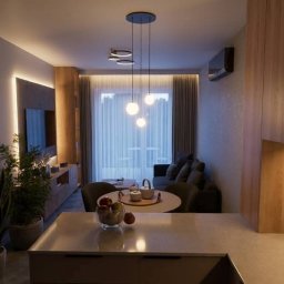 MICHAŁ WIĘCKOWSKI - PROJEKTOWANIE WNĘTRZ - Nowoczesne wnętrze mieszkania z otwartą kuchnią, salonem i jadalnią. Neutralna kolorystyka, drewniane elementy, oświetlenie punktowe i dekoracje roślinne tworzą przytulną atmosferę.