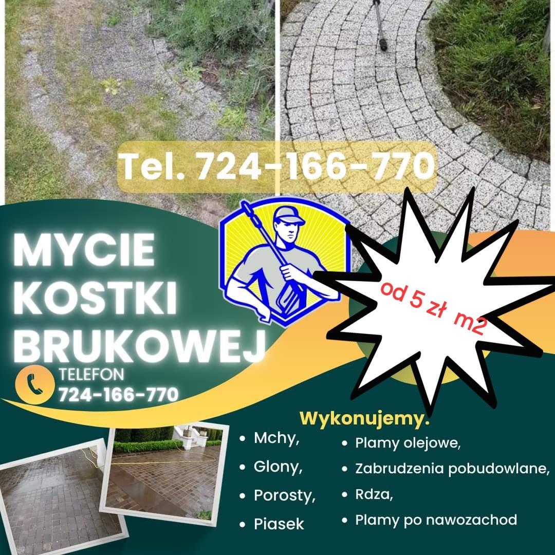Grafika reklamowa usługi mycia kostki brukowej z ilustracją kostki przed i po czyszczeniu, numerem telefonu oraz informacją o cenie od 5 zł za metr kwadratowy.