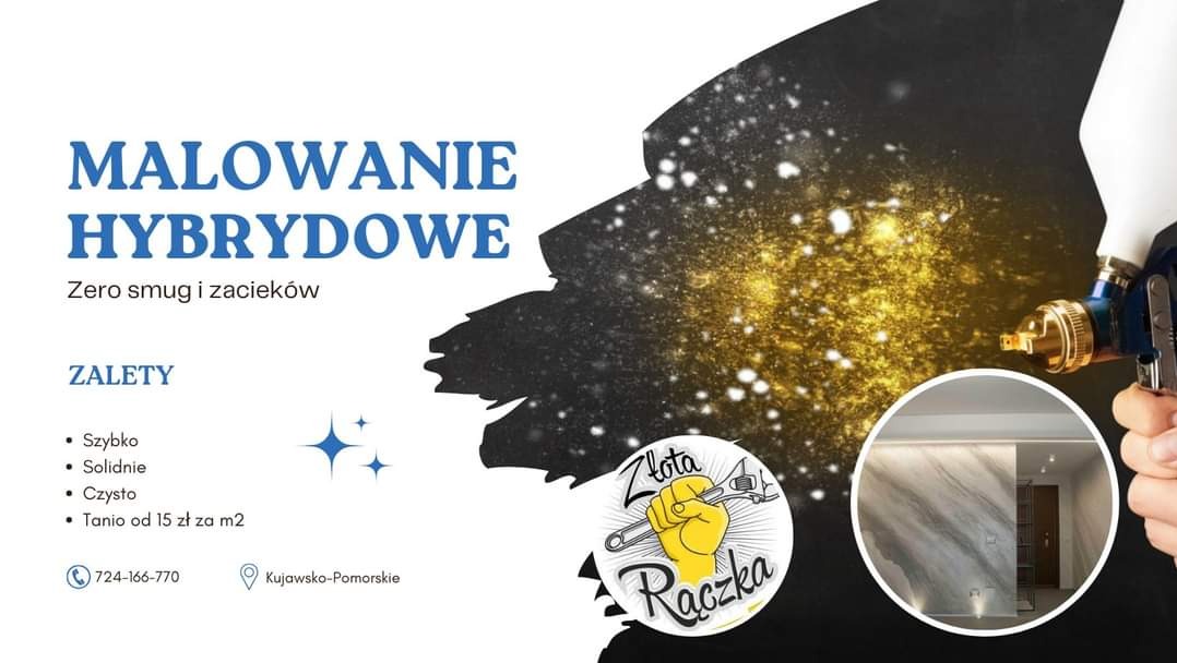 Grafika reklamowa prezentująca malowanie hybrydowe z hasłem 'Zero smug i zacieków', zaletami usługi i danymi kontaktowymi, w tle pistolet lakierniczy i przykład wykończonego wnętrza z efektem marmuru.