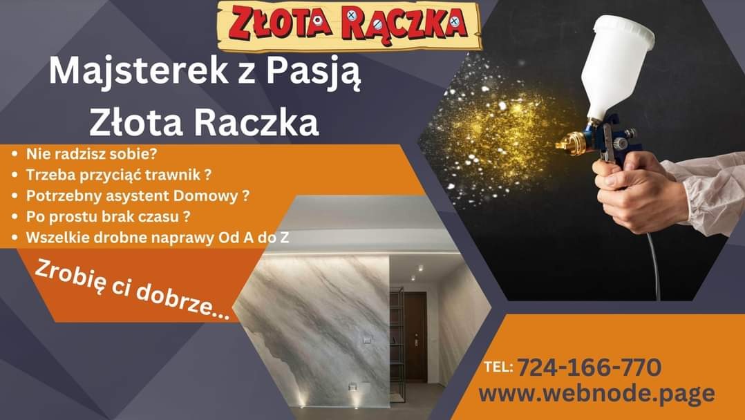 Reklama firmy 'Złota Rączka' oferującej usługi malarskie i drobne naprawy, prezentująca pistolet natryskowy w akcji i wykończone wnętrze z efektem marmuru na ścianie.