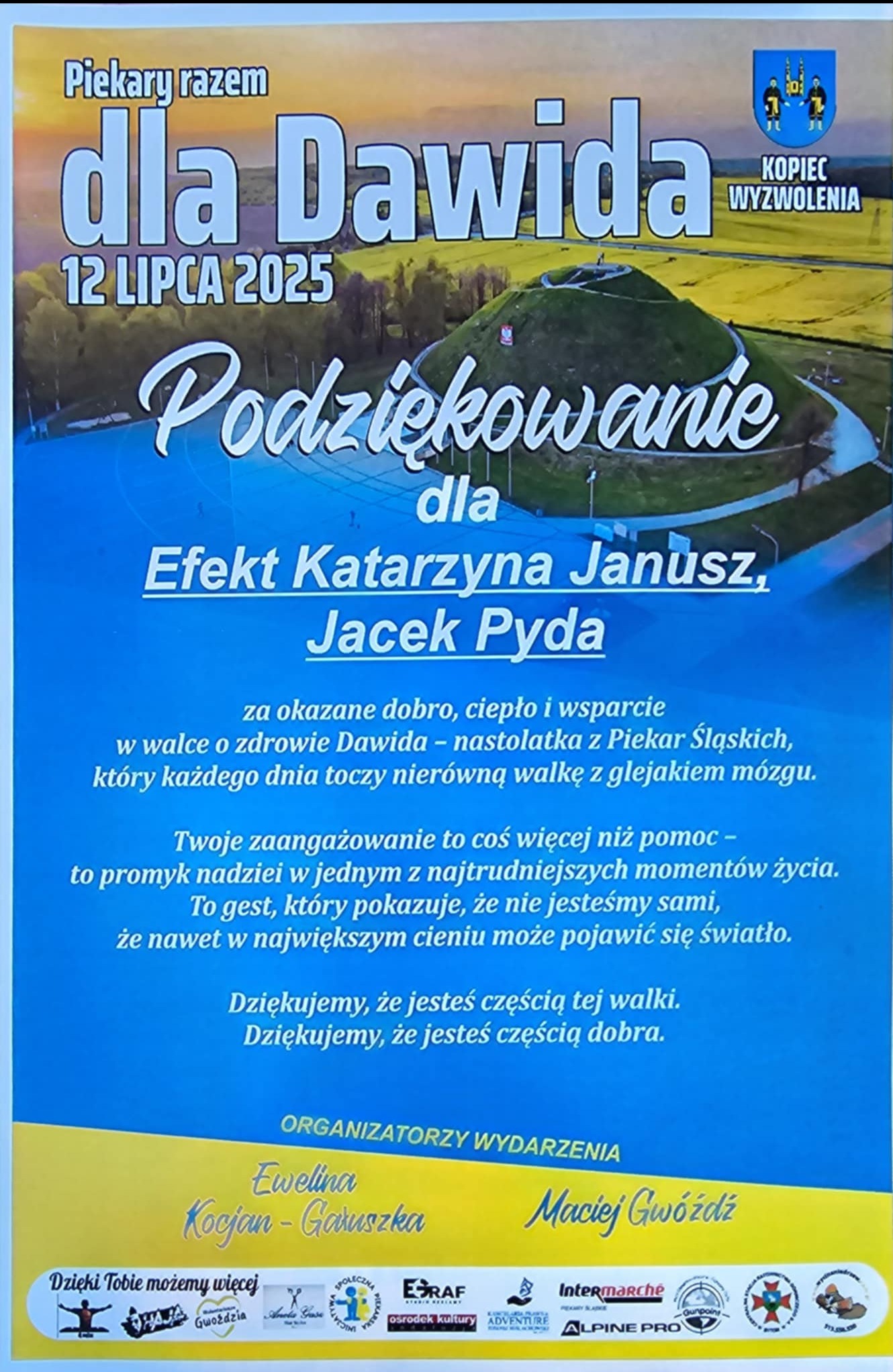 Plakat informujący o akcji 'Piekary razem dla Dawida' 12 lipca 2025. Zawiera podziękowania i logo organizatorów, na tle Kopca Wyzwolenia w Piekarach Śląskich.
