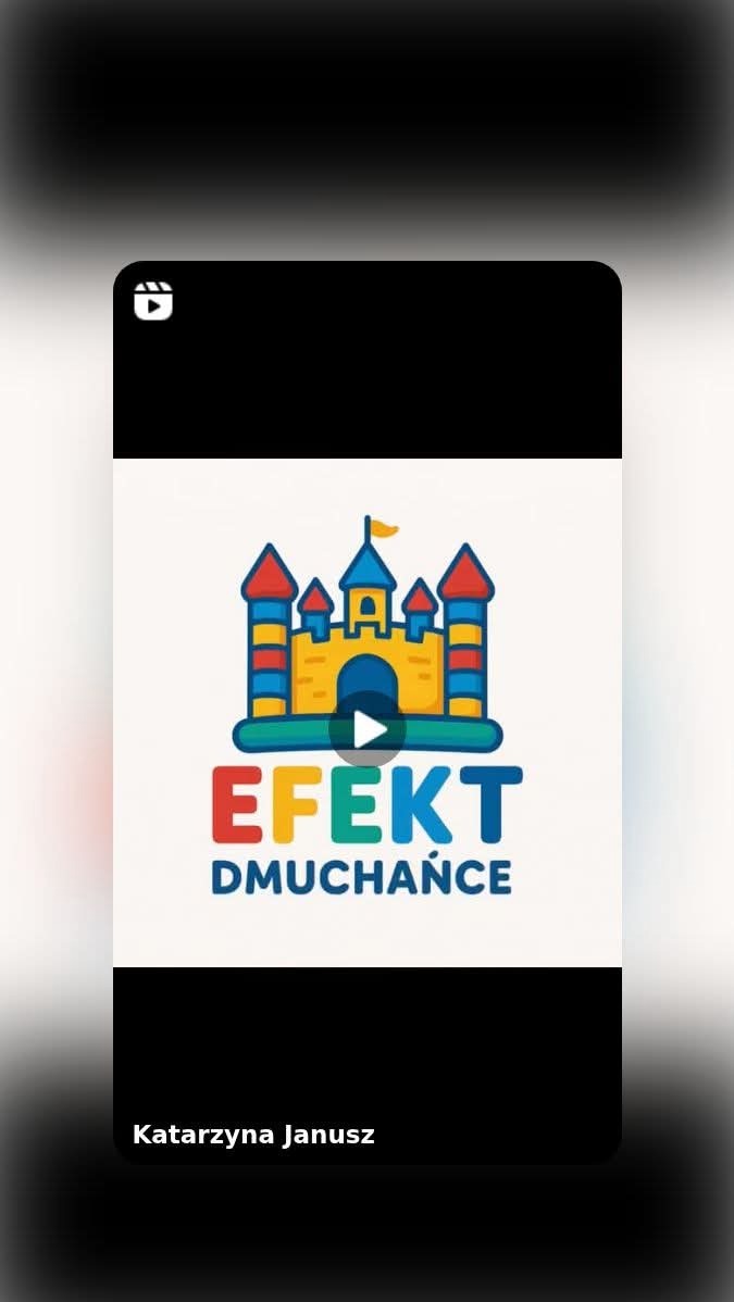 Animowany logotyp firmy 'Efekt Dmuchańce' z kolorowym zamkiem i napisem, stylizowany na ikonę aplikacji wideo z przyciskiem odtwarzania.