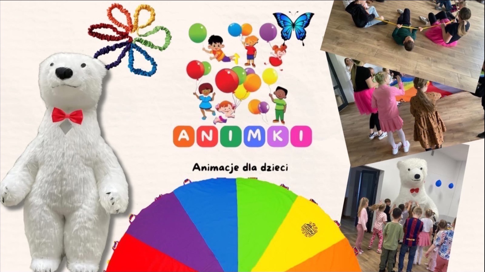 Kolaż zdjęć z animacji dla dzieci: pluszowy miś z czerwoną muchą, kolorowa chusta animacyjna, dzieci bawiące się liną i pod chustą.