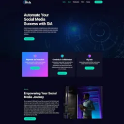 Strona internetowa z nagłówkiem 'Automate Your Social Media Success with SiA', prezentująca usługi w zakresie automatyzacji i optymalizacji obecności w mediach społecznościowych, z sekcjami...