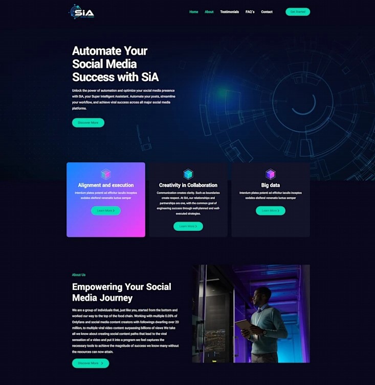 Strona internetowa z nagłówkiem 'Automate Your Social Media Success with SiA', prezentująca usługi w zakresie automatyzacji i optymalizacji obecności w mediach społecznościowych, z sekcjami...