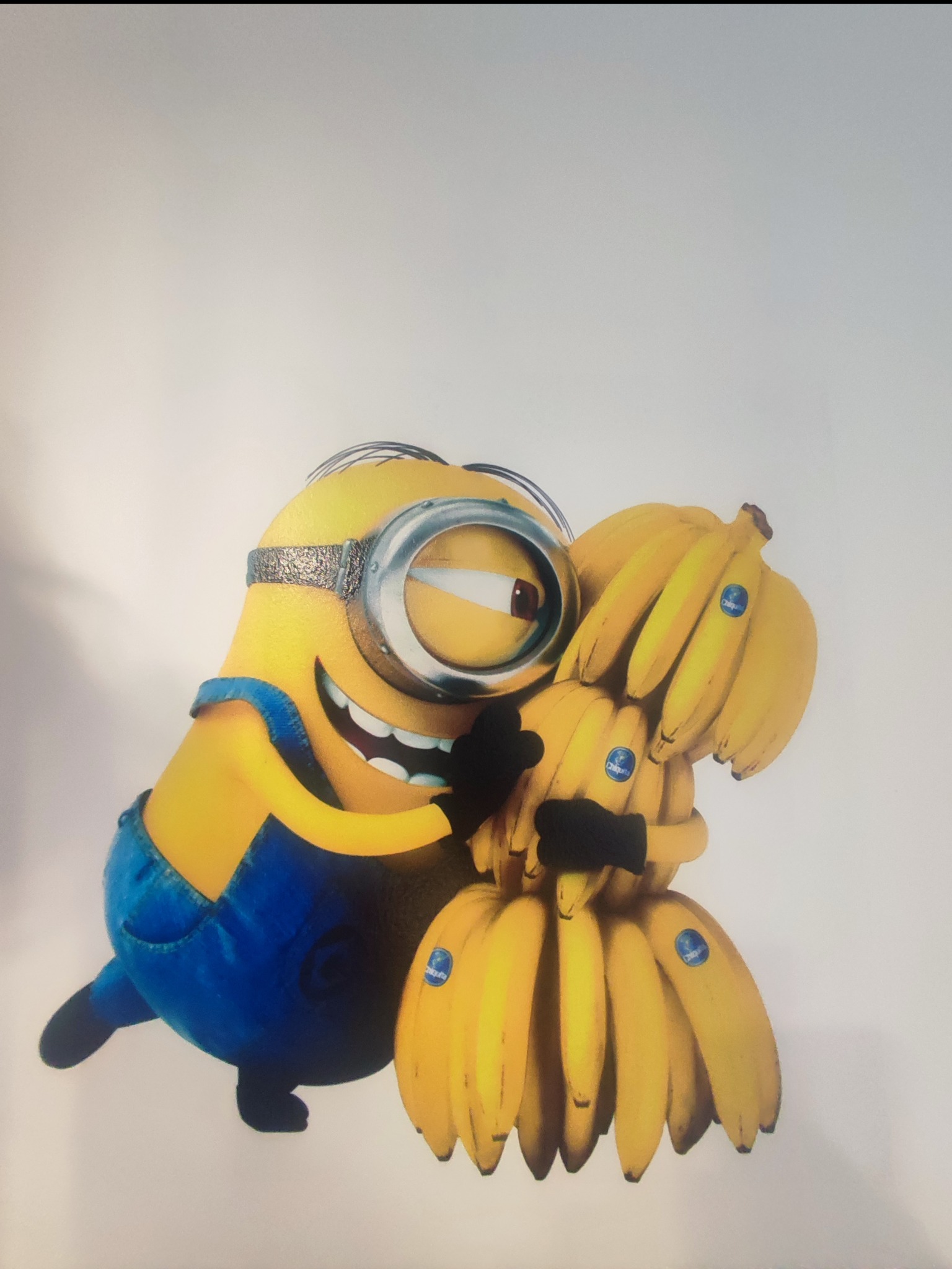 Kreskówkowa postać Minionka w niebieskich ogrodniczkach obejmuje duży pęk dojrzałych bananów z naklejkami Chiquita na jasnym tle.