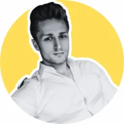 Portret młodego mężczyzny w białej koszuli na żółtym tle z białym obrysem, utrzymany w stylistyce pop-art.