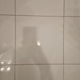 Tomasz Łuszczek - Białe, kwadratowe płytki podłogowe z ciemnymi fugami, widoczne z bliska, z refleksami światła. Układ regularny, symetryczny. Minimalistyczny wzór.