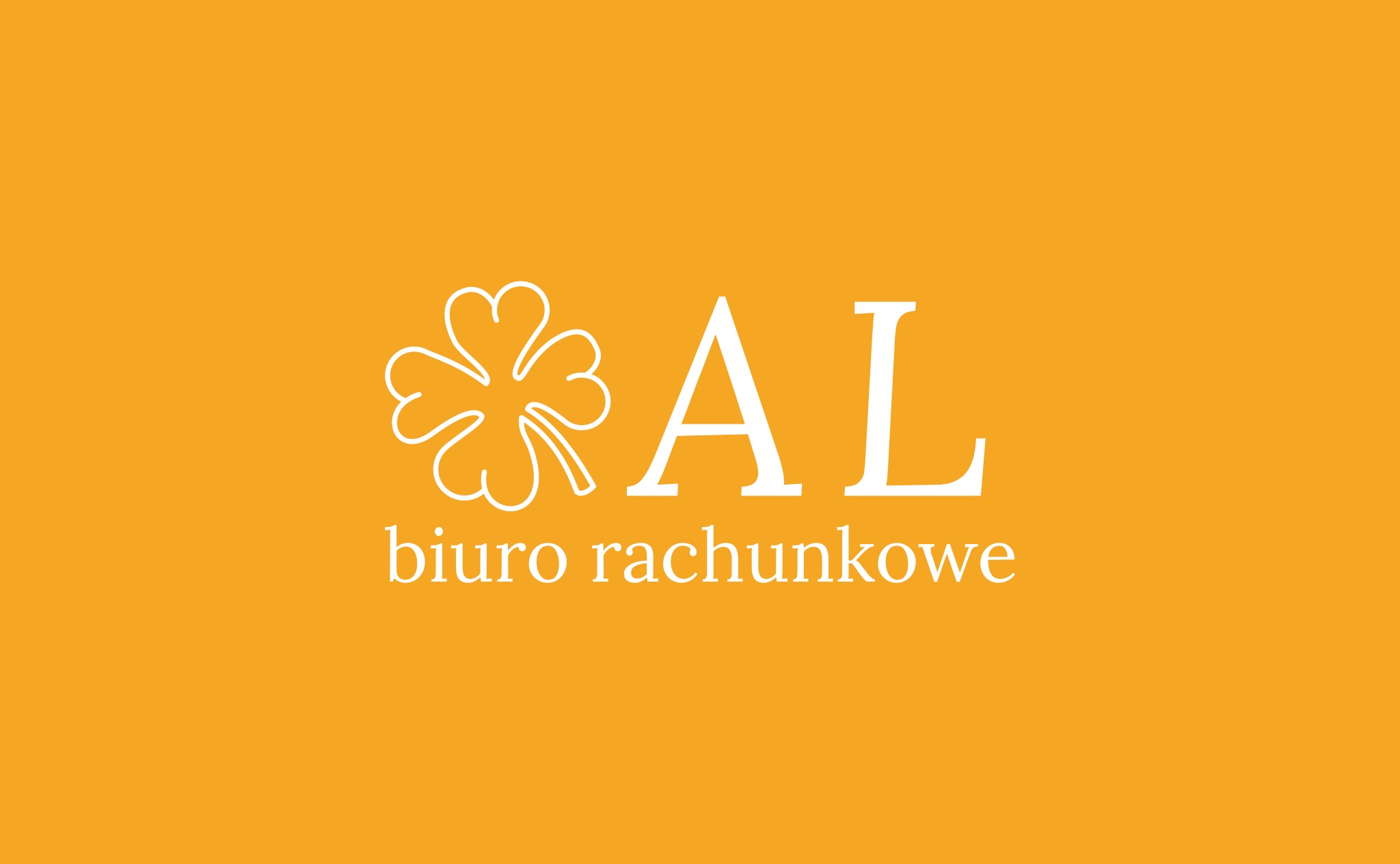 Logo biura rachunkowego z czterolistną koniczyną i inicjałami 'AL' na pomarańczowym tle, poniżej napis 'biuro rachunkowe'.
