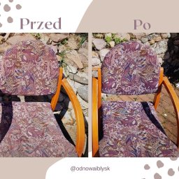 Odnowa i Błysk - Drewniane krzesło z tapicerką w roślinny wzór, widok przed i po czyszczeniu, na zewnątrz, z kamiennym murem w tle i białym stolikiem.