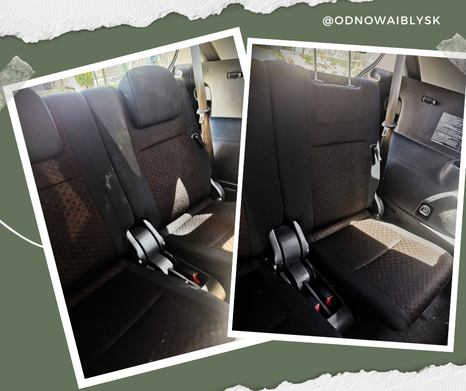 Porównanie tylnej kanapy samochodu przed i po czyszczeniu tapicerki, widoczne plamy i zabrudzenia usunięte, prezentacja efektu 'przed i po' na kolażu.