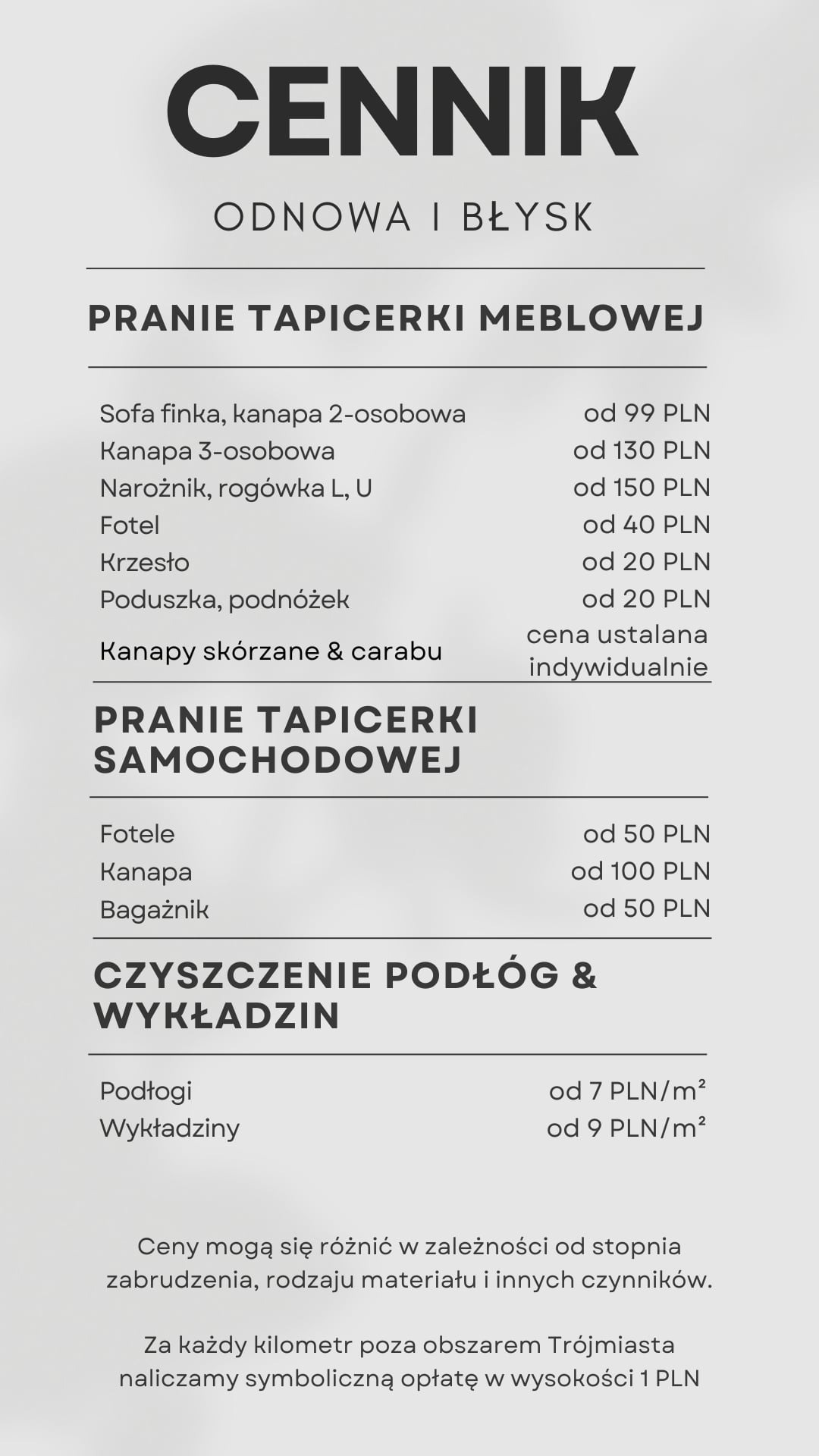 Cennik usług prania tapicerki meblowej i samochodowej, czyszczenia podłóg i wykładzin z wyszczególnionymi cenami za poszczególne elementy.