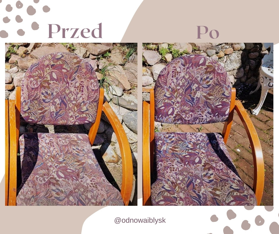 Drewniane krzesło z tapicerką w roślinny wzór, widok przed i po czyszczeniu, na zewnątrz, z kamiennym murem w tle i białym stolikiem.
