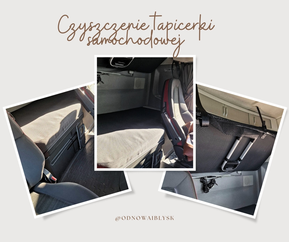 Wnętrze kabiny samochodu ciężarowego po czyszczeniu tapicerki, widoczne odświeżone fotele, leżanka i schowki, prezentowane w kolażu zdjęć z różnej perspektywy.