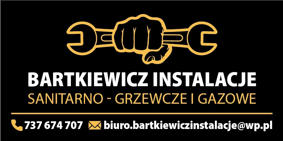 Logo firmy Bartkiewicz Instalacje z grafiką dłoni trzymającej klucz francuski, oferującej usługi sanitarne, grzewcze i gazowe. Na dole numer telefonu i adres e-mail.