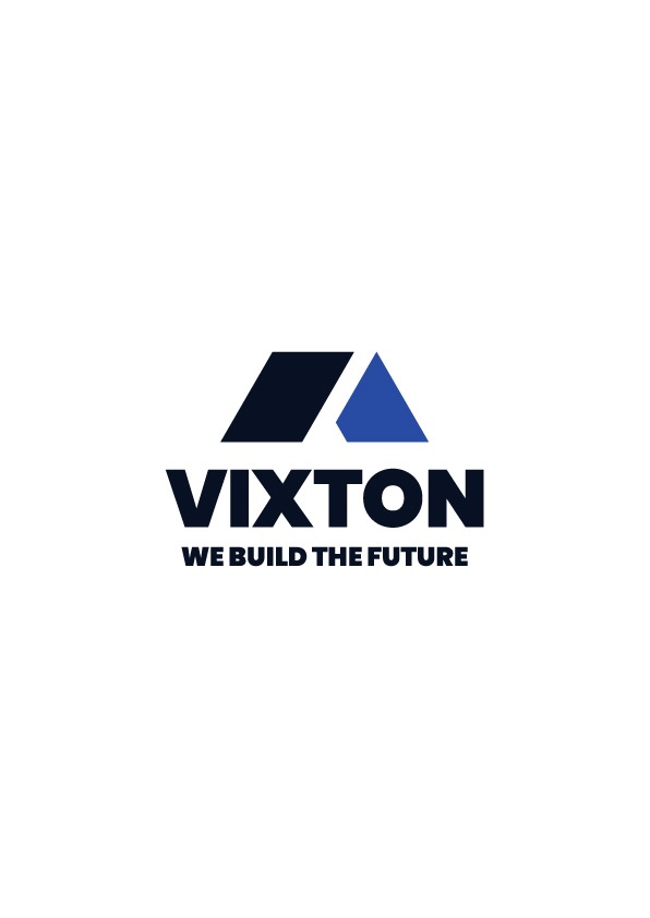 Logo firmy budowlanej Vixton z hasłem 'We build the future'. Symbol domu w kolorach granatowym i niebieskim.