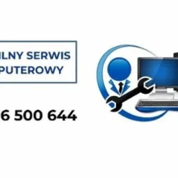 Grafika reklamowa mobilnego serwisu komputerowego z numerem telefonu, obok stylizowany komputer z kluczem francuskim.