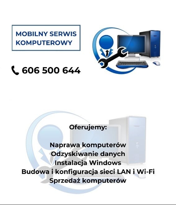Grafika reklamowa mobilnego serwisu komputerowego z numerem telefonu, ikoną komputera i klucza, oraz listą oferowanych usług: naprawa komputerów, odzyskiwanie danych, instalacja Windows, budowa...