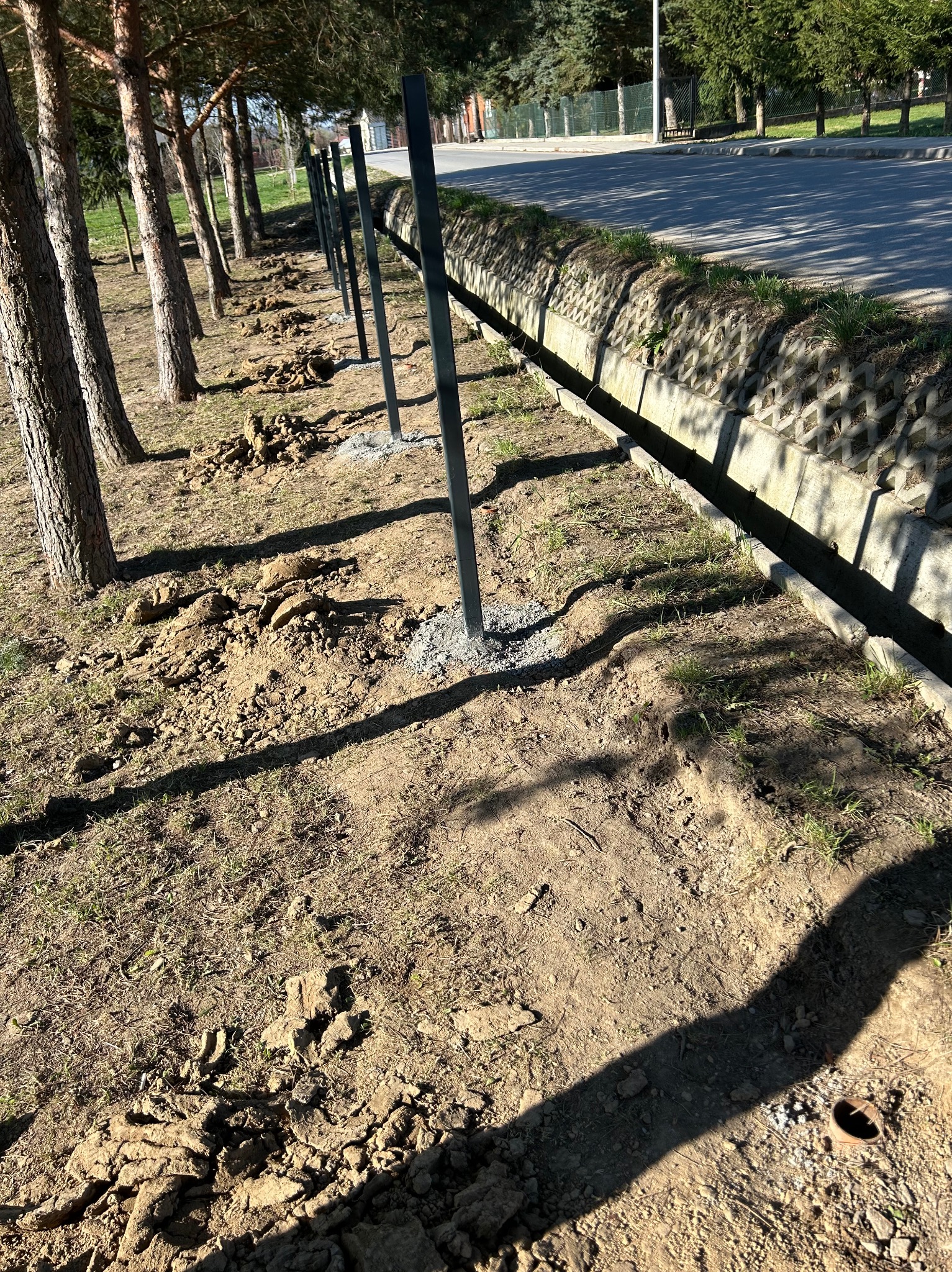 Montaż słupków ogrodzeniowych wzdłuż drogi, widoczne świeże wykopy i betonowe podstawy. Słupki ustawione w równej linii, tło stanowią drzewa i ulica.