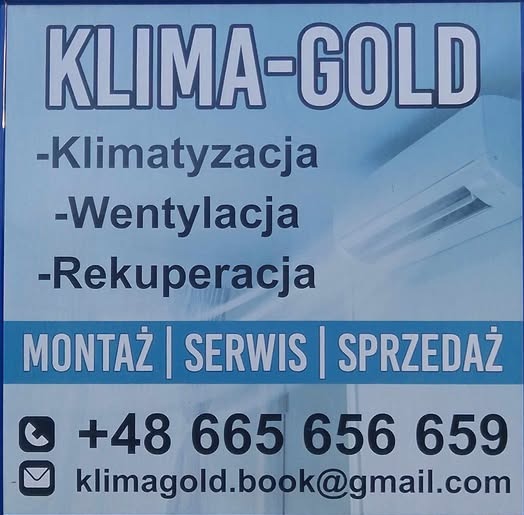 Reklama firmy Klima-Gold oferującej montaż, serwis i sprzedaż klimatyzacji, wentylacji i rekuperacji. Numer telefonu i adres e-mail na jasnoniebieskim tle.