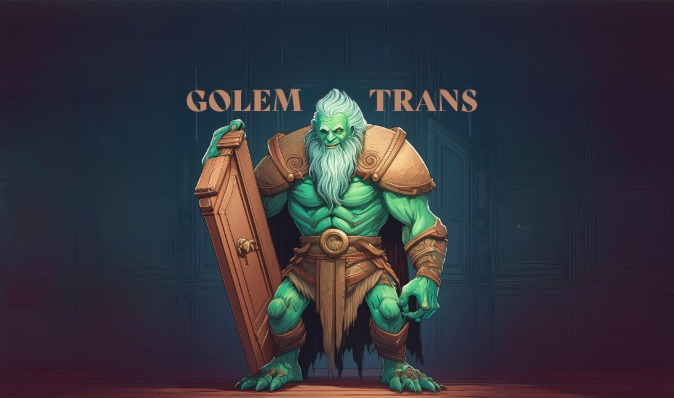 Kreskówkowy, zielony golem w zbroi trzymający drzwi z napisem 'GOLEM TRANS' na tle ściany z drzwiami.