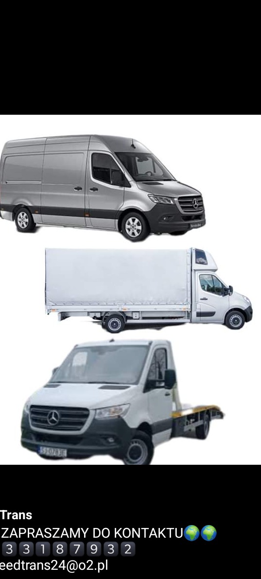 Kompozycja trzech różnych modeli samochodów dostawczych Mercedes Sprinter: srebrny furgon, biały samochód z plandeką i biały samochód z platformą transportową.
