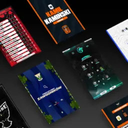 Kolekcja grafik sportowych z różnymi motywami: tabele ligowe, statystyki meczów, profile zawodników i ogłoszenia rekrutacyjne, ułożonych na ciemnoszarym tle.